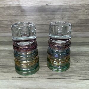 Block Crystal Candle Holders Carnival 5" Multicolor Rings Rainbow Pastel MCM